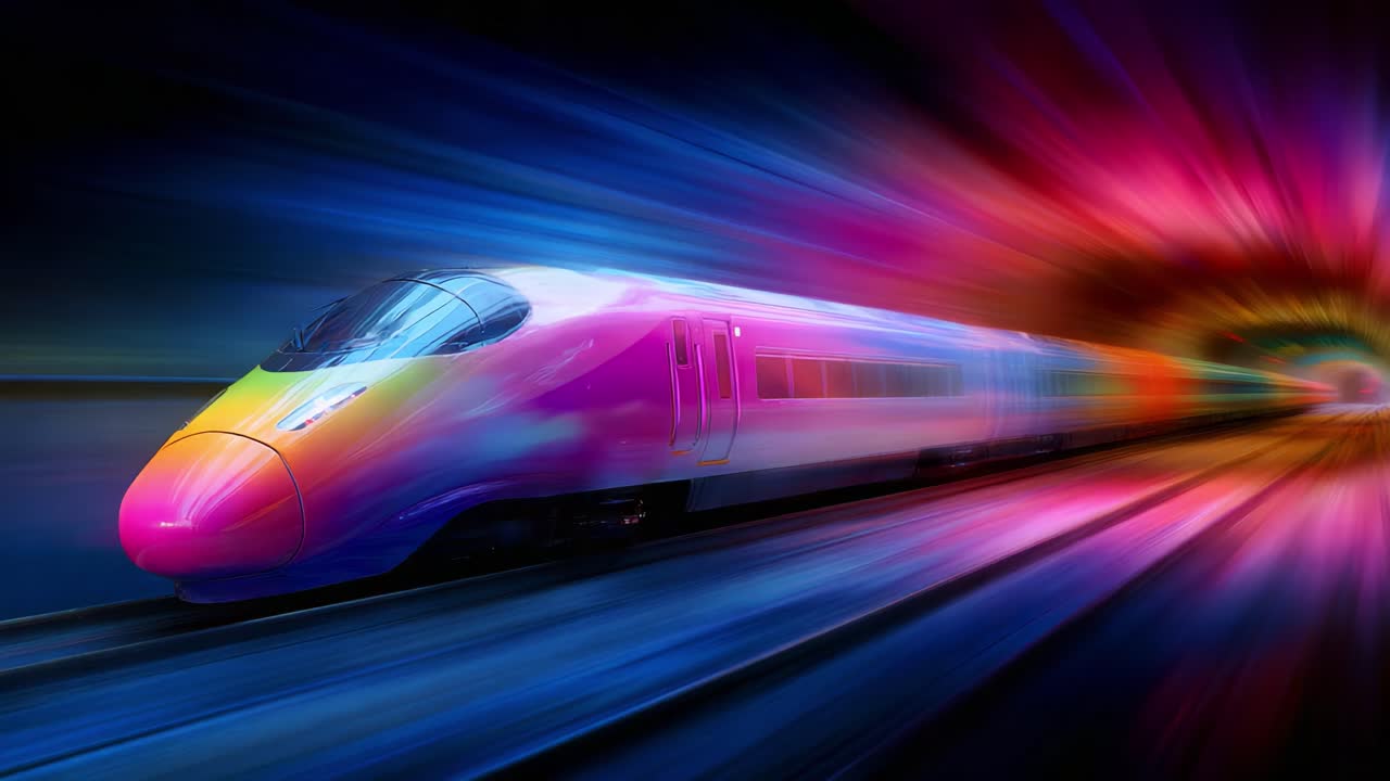 A Journey Through Time: Two Dynamic Trains Entering an Artistic Tunnel of Colorful Velocity and Light, Representing Speed, Innovation, and Modern Transportation Technology