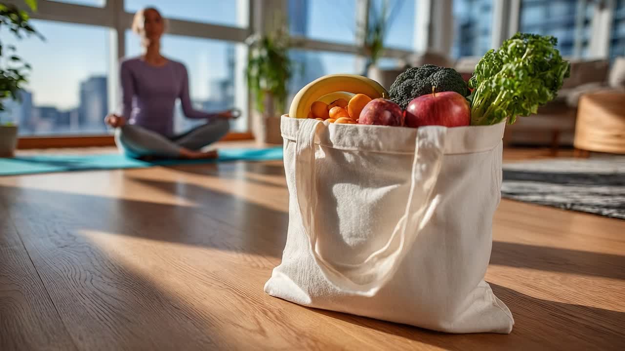 A Tranquil Moment of Mindfulness: A Woman Meditating in a Sunlit Room While Surrounded by Fresh Produce in a Reusable Bag