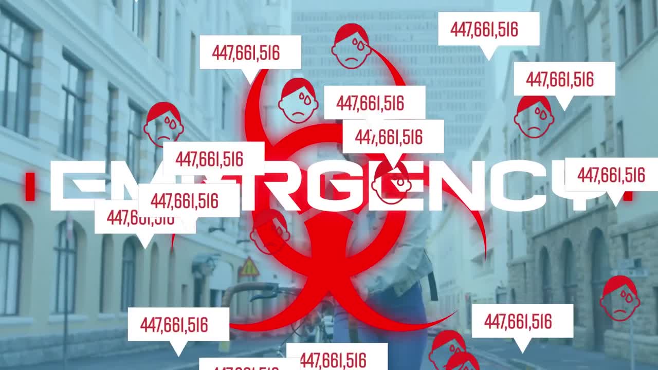 바이오 위험 상징과 얼굴 마스크를 입은 여성에 대한 코로나 19 데이터 처리 애니메이션