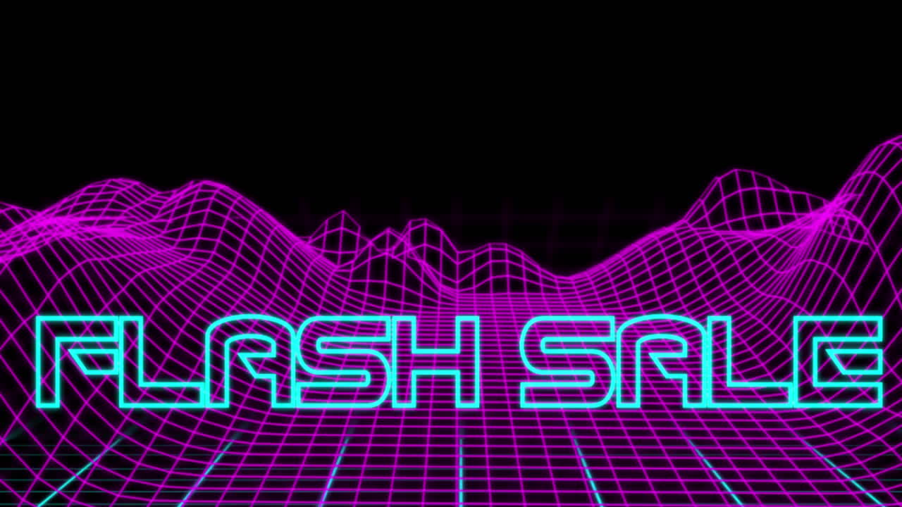 Neon Flash Sale text against retro digital mountains