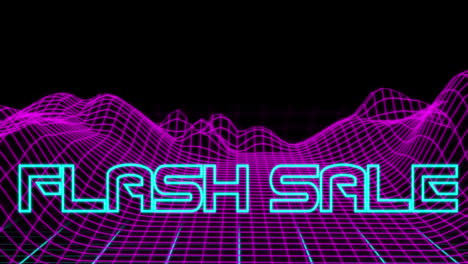 neon flash sale text against retro digital mountains