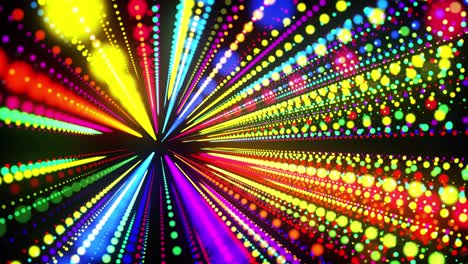 fondo de bucle 3d abstracto con partículas brillantes alineadas en una fila en el espacio 3d. bucle vj festivo con partículas multicolores y cámara animada suave. fondo de diseño de movimiento.
