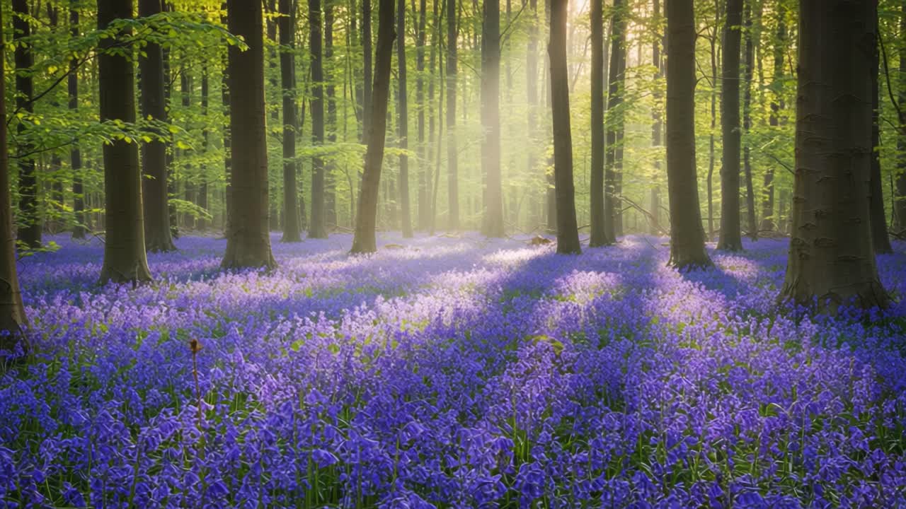 A Captivating Transformation of a Tranquil Forest Scene: From Early Morning Light to a Serene Symmetry of Bluebell Blooms Beneath Majestic Trees