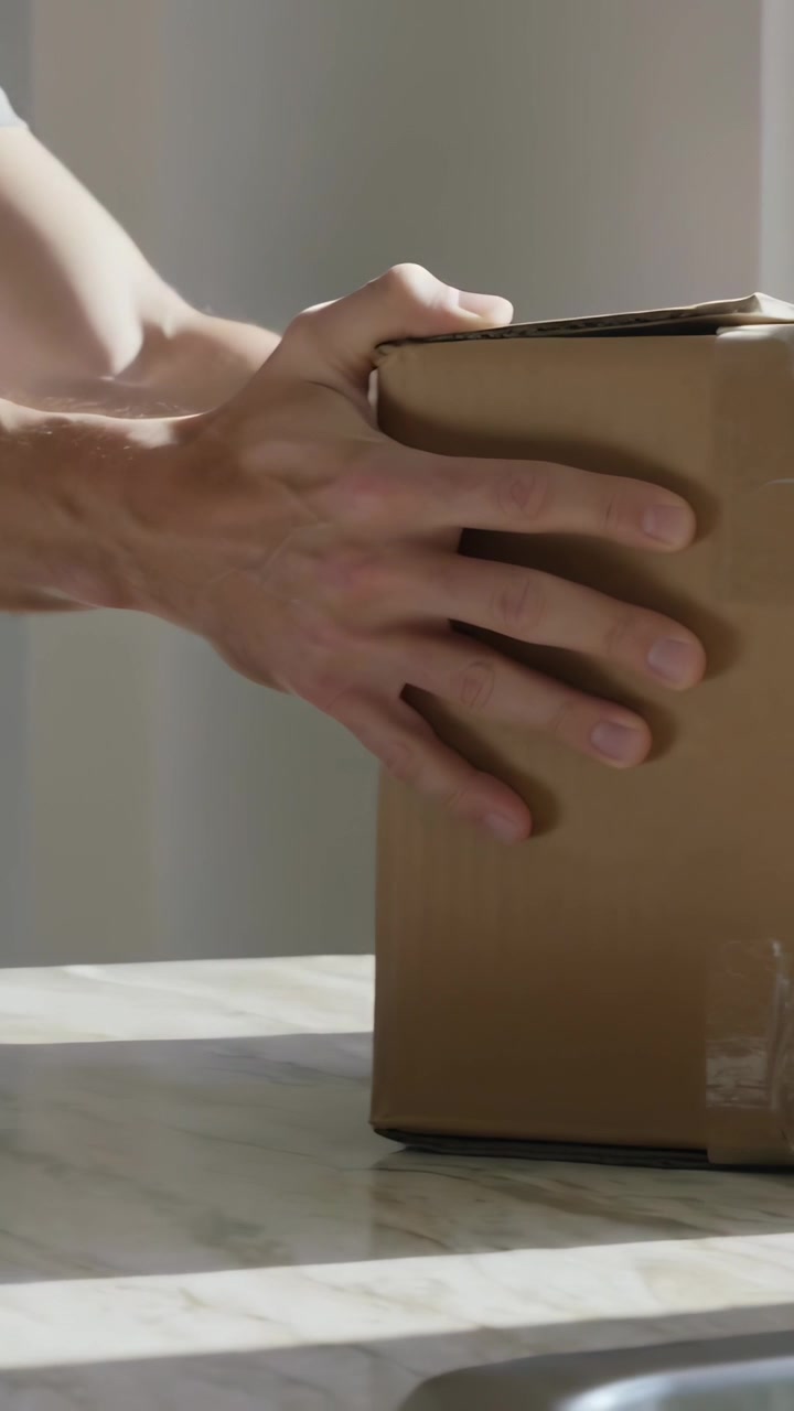 Vertical video: After delivery man in gray tee placing taped box on counter, opening flaps to unbox