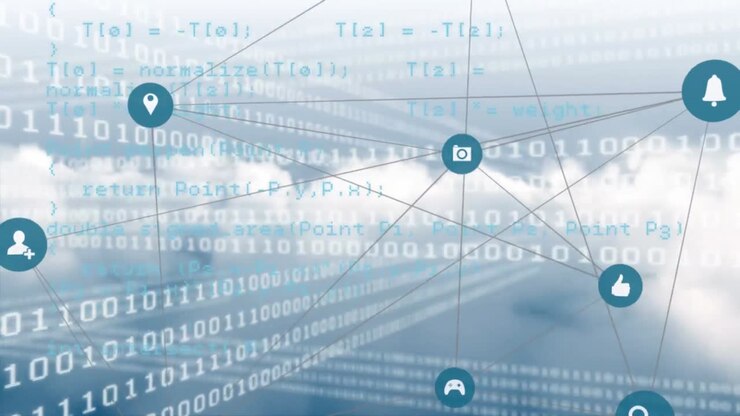 Digital icons and data processing against clouds in the sky