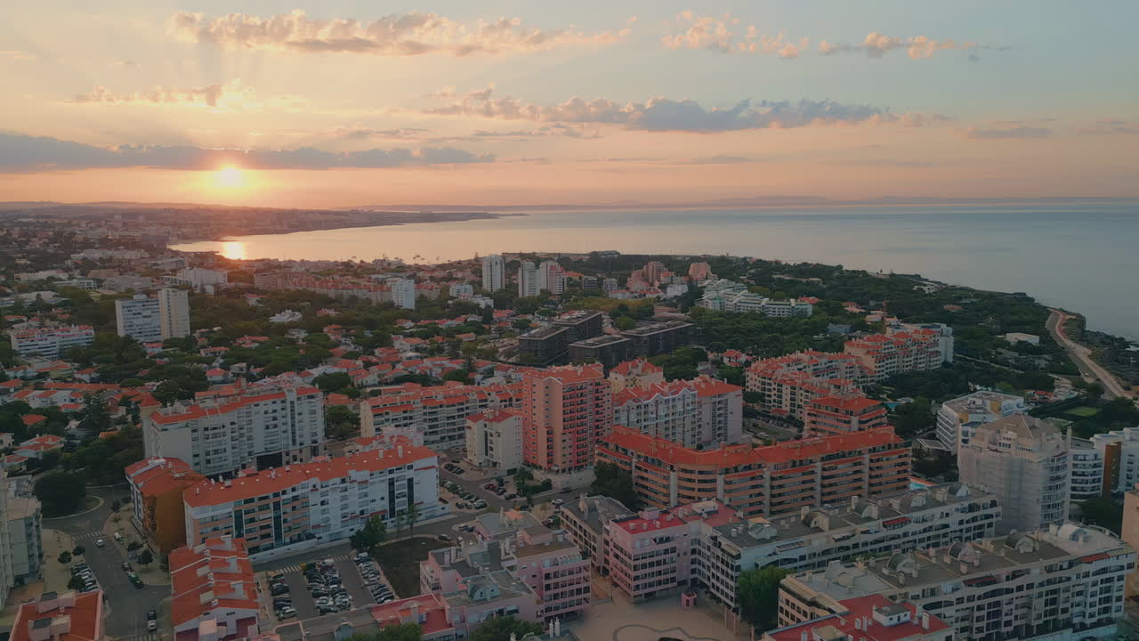Amazing city sunset panorama aerial view. Beautiful coastal mediterranean town