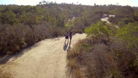 mother hiking with her adult daughter, aerial follow shot