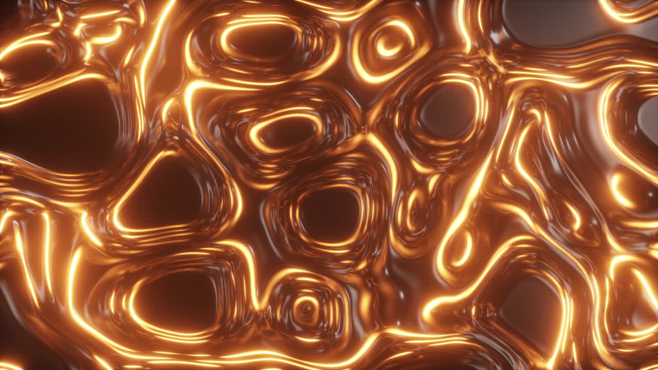 Abstract glowing 3d render holographic oil surface background, foil wavy surface, wave and ripples, ultraviolet modern light, neon orange spectrum colors. Seamless loop 4k animation