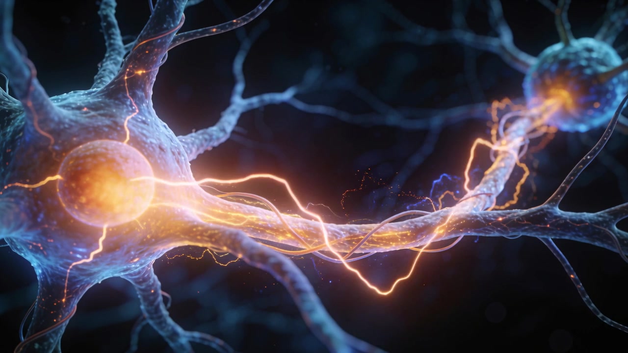 Sparking neuron soma sending glowing pulse along axon toward terminal in microscope view, signaling