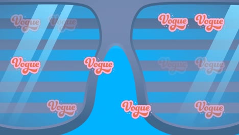 Animation-of-multiple-vogue-text-over-blue-sunglasses