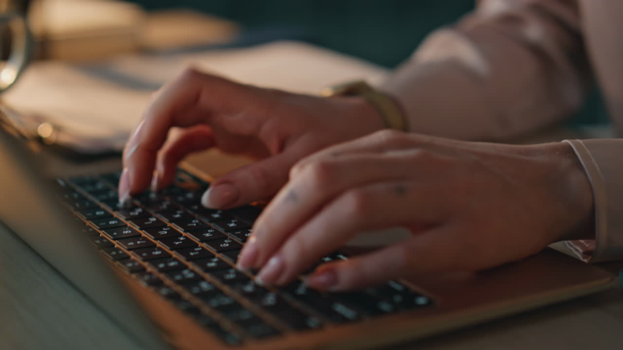 Closeup fingers writing email laptop online. Manager browsing internet working