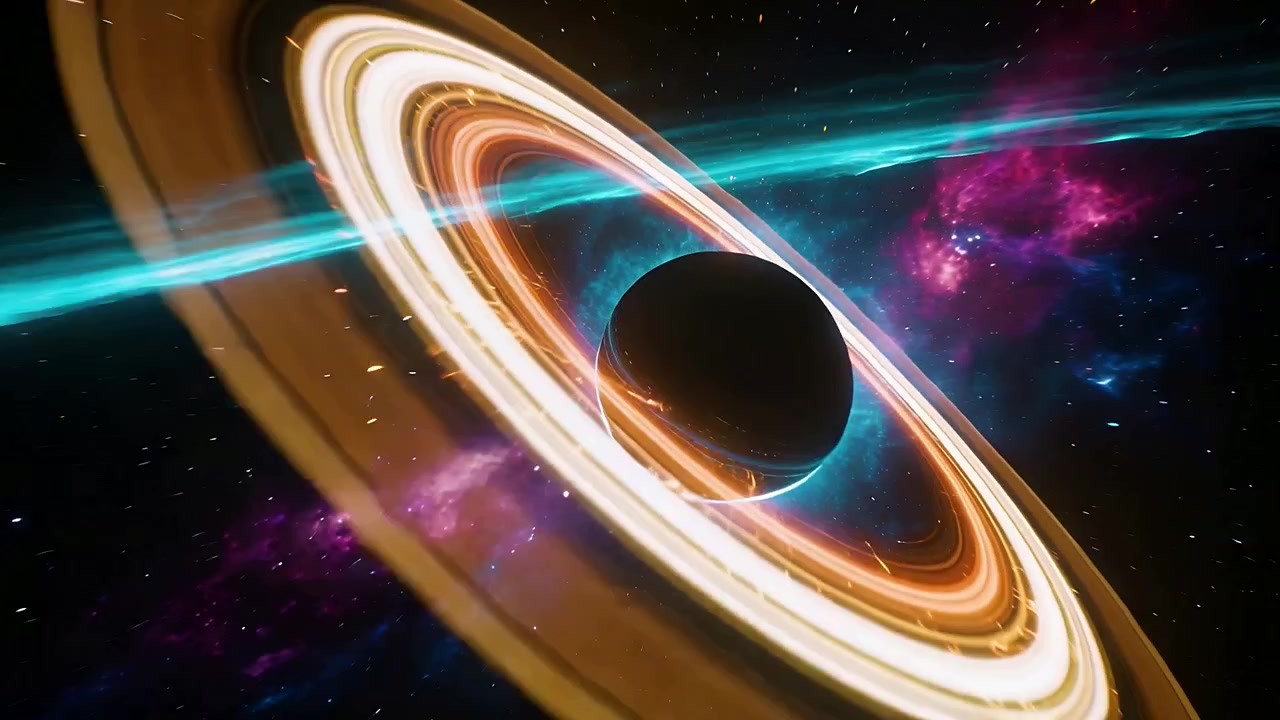 La telecamera si allontana, orbitando attorno a una sfera scura nello spazio, rivelando anelli, un nastro ciano e filamenti di plasma.