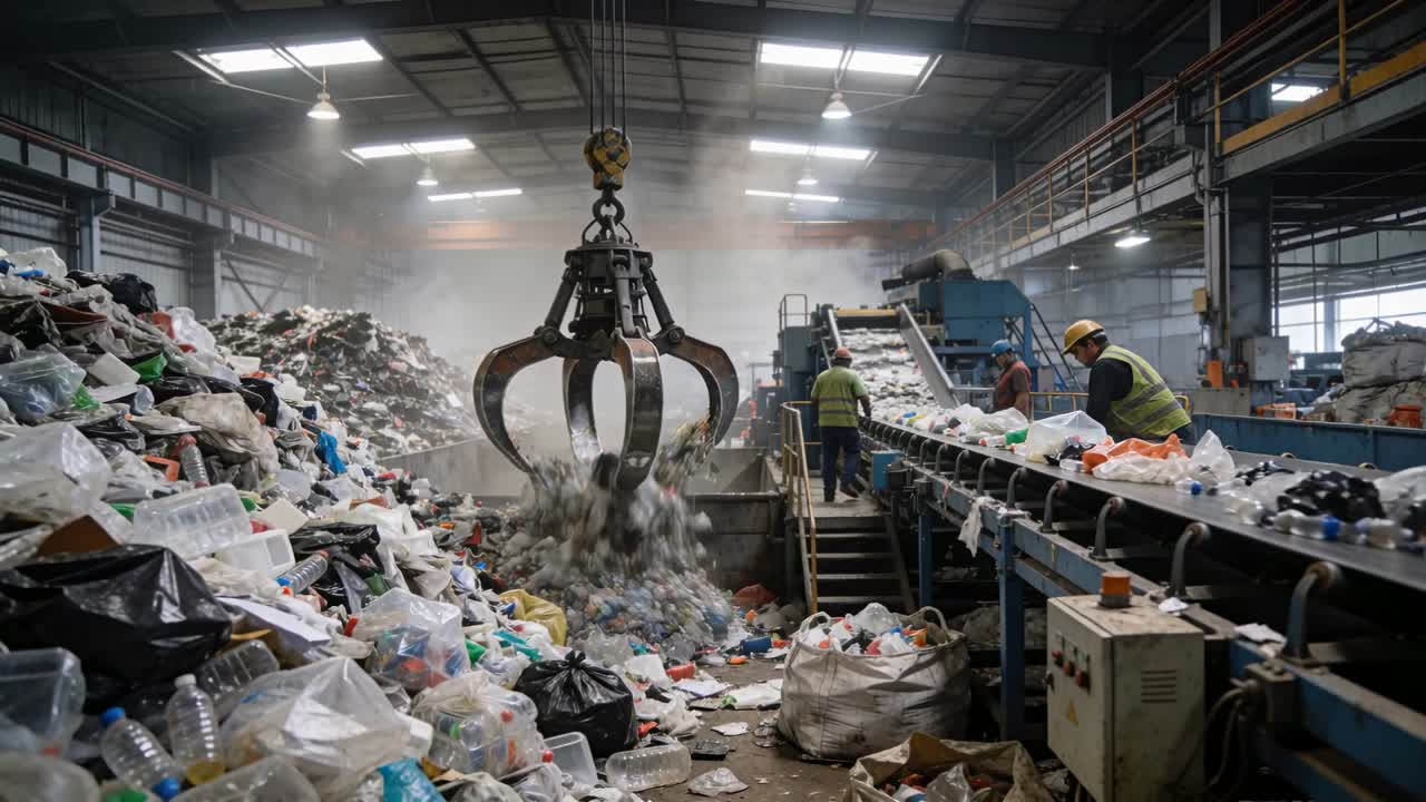 Hydraulic grab closing, lifting and dumping waste while workers sorting on conveyor for recycling