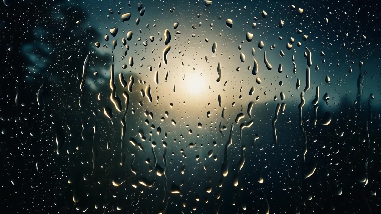 Gouttes de pluie sur une vitre avec un arrière-plan de coucher de soleil flou
