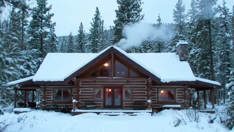 quaint log cabin in a winter wonderland surrounded by snow-covered pines with a cozy atmosphere and warm glow from inside, perfect for a winter retreat