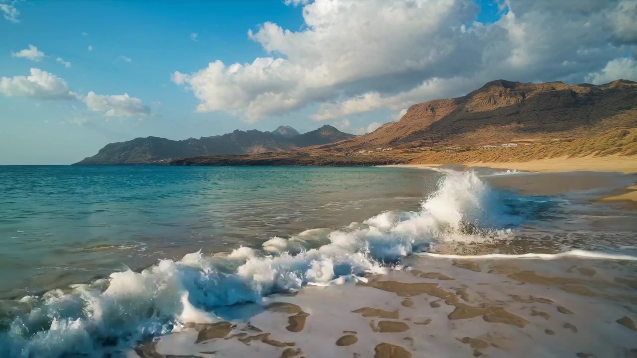 Onde dell'oceano che si infrangono dolcemente su una spiaggia sabbiosa tranquilla con montagne