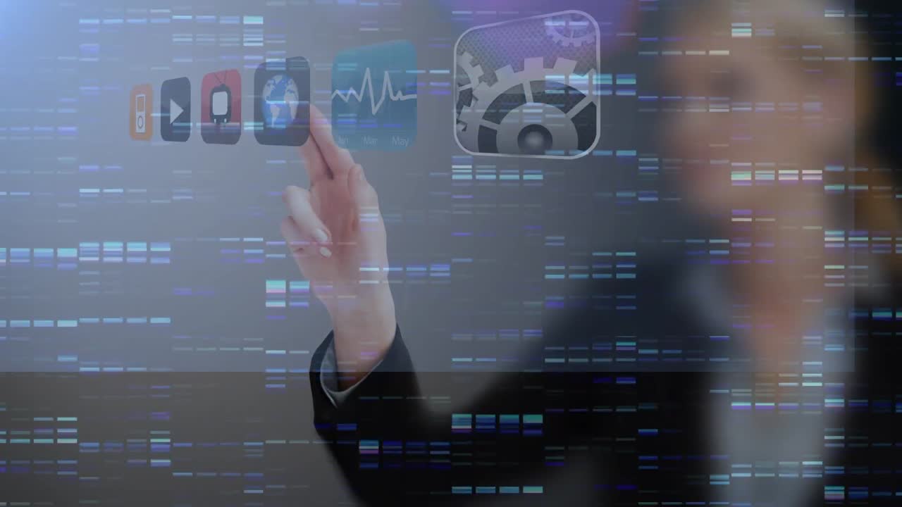 animación de una mujer de negocios caucásica tocando una pantalla interactiva con iconos digitales