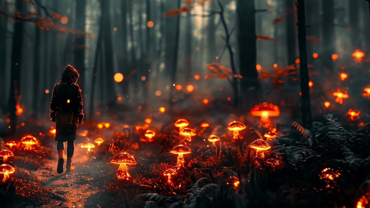 Passeggiata tra funghi luminosi. Una persona cammina su un sentiero in una foresta oscura piena di funghi luminosi e felci al crepuscolo.