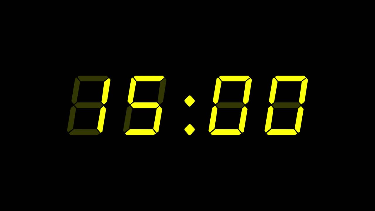 Yellow digital clockface with 4 digits. 30 seconds digital timer. Glowing yellow numerals on black background. Retro digital alarm clock animation element, digital clock on black background
