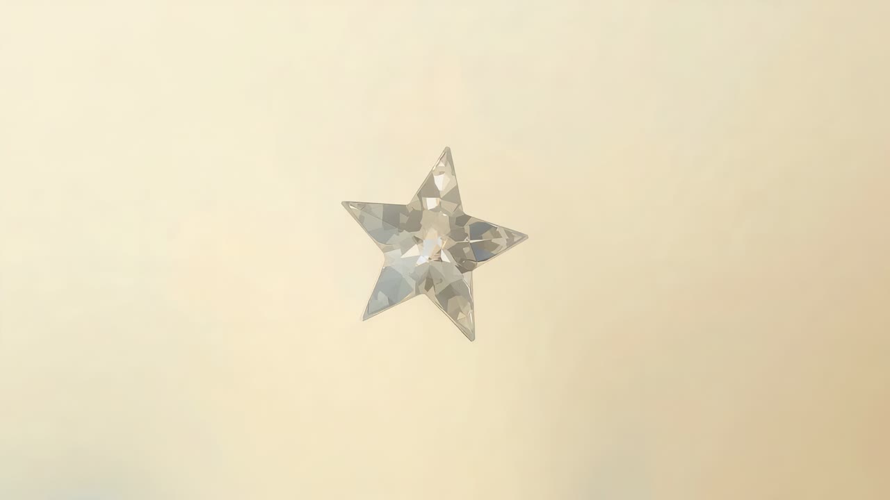 Gravity pulling clear faceted crystal star descending to studio table making reflection and shadow