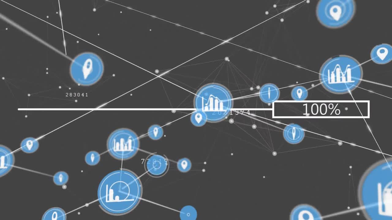 animación de la barra de porcentaje de carga sobre la red de conexiones e iconos digitales sobre fondo gris