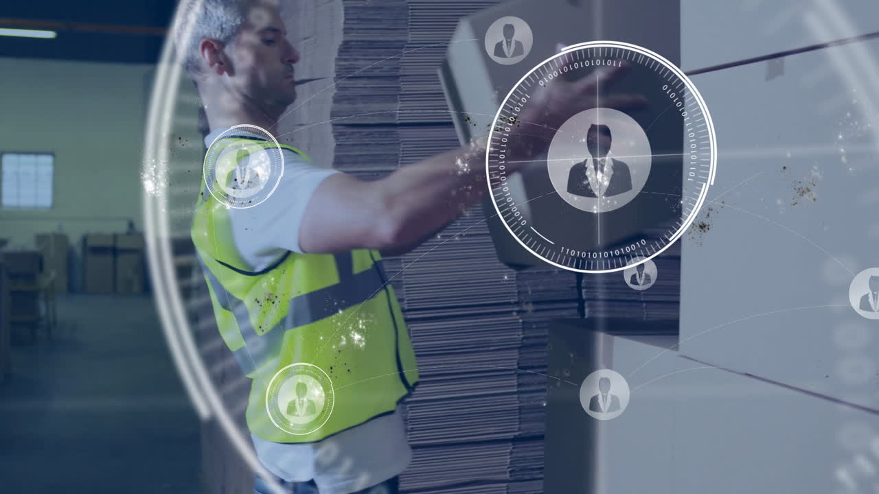 In warehouse, worker in safety vest using animation of digital network connections