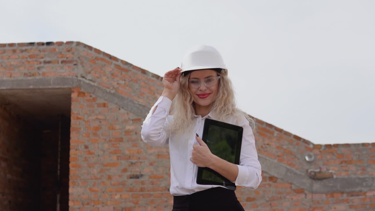 Female architect in business attire stands in a newly built house with tablet. Modern technologies in the oldest professions