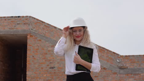 female architect in business attire stands in a newly built house with tablet. modern technologies in the oldest professions