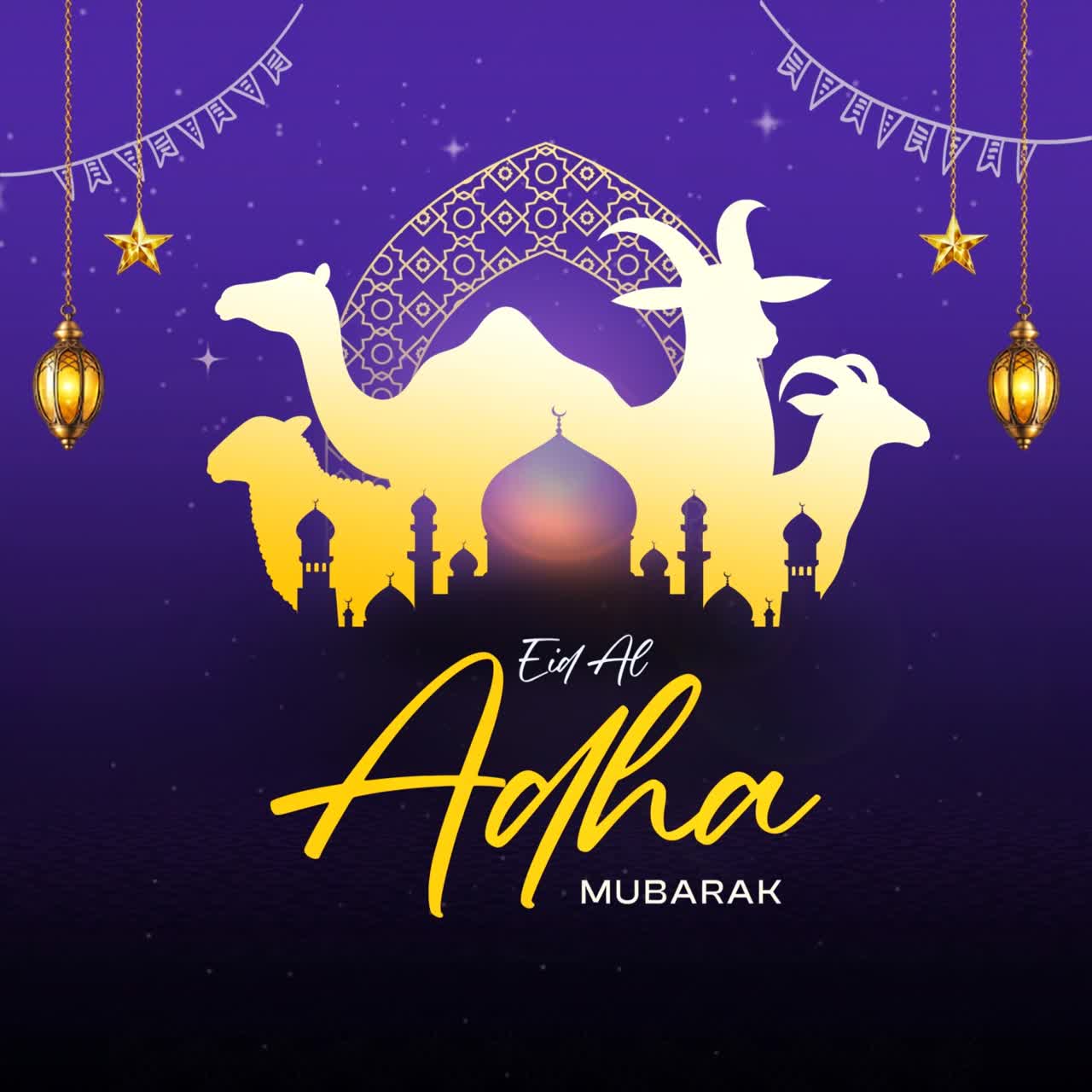 Banner animato di auguri per Eid al-Adha con sagome di cammelli e capre, cupola di moschea, luna crescente e decorazioni di lanterne festive.