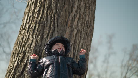 a young boy leaning his back against a large tree trunk, looking upward with both arms raised as if reaching to the sky, he is dressed in a shiny black jacket, with trees around