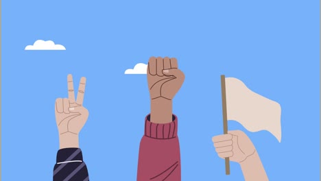 animación de concienciación sobre los derechos humanos con puño de mano y bandera