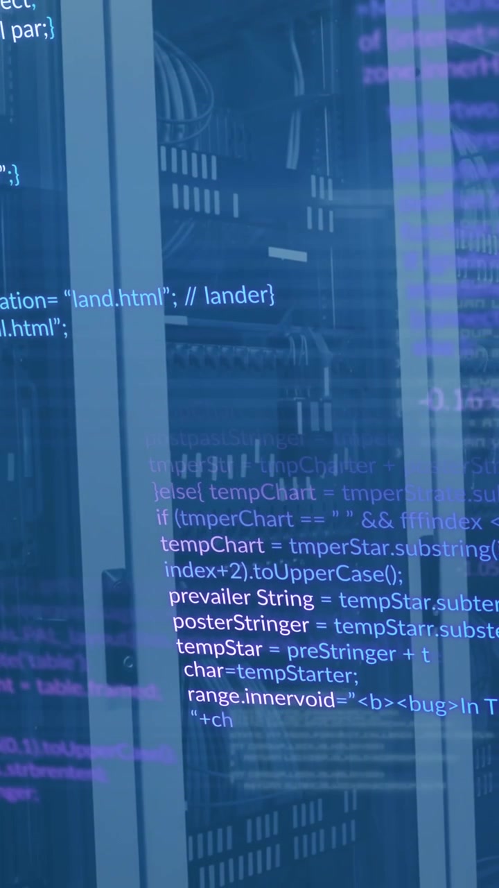 Animation of computer language and connected icons over data server racks in server room