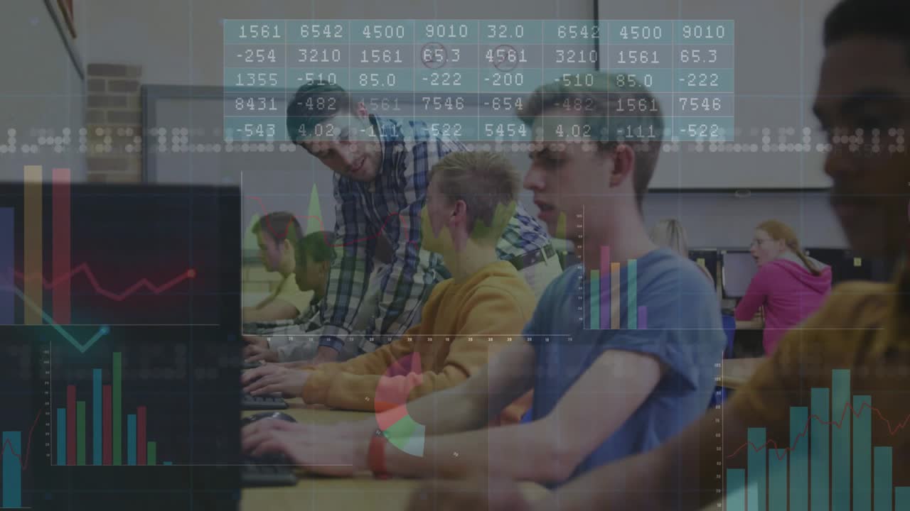Instructor entering computer lab and pointing to guide students as animated data charts fading in