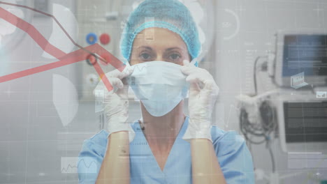 animation of statistics and data processing over caucasian female surgeon