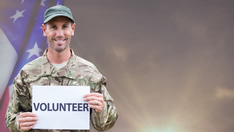 animación de texto de voluntario sobre soldado masculino caucásico