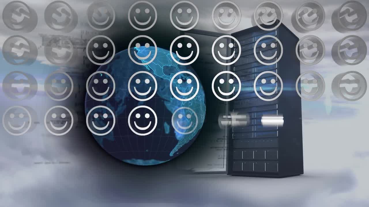 Rows of smiling face emojis over spinning globe and computer server against clouds in sky