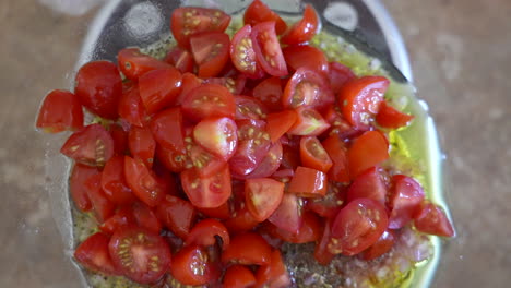 tomatoes, peppers, shallots and spices to mix in to a chopped salad - overhead view antipasto salad series