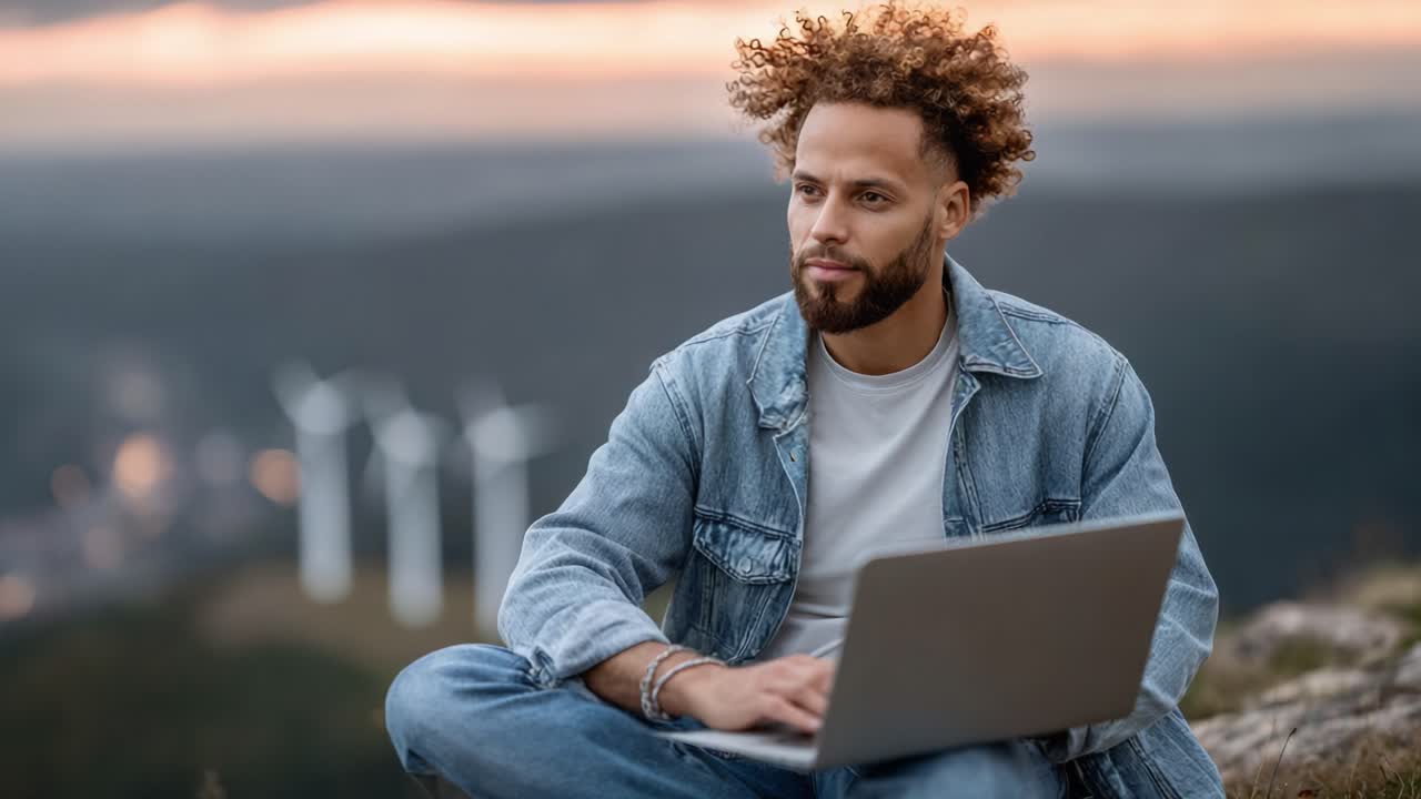Focused Individual with Curly Hair Working on Laptop Outdoors at Sunset with Wind Turbines in the Background, Emphasizing Nature and Productivity