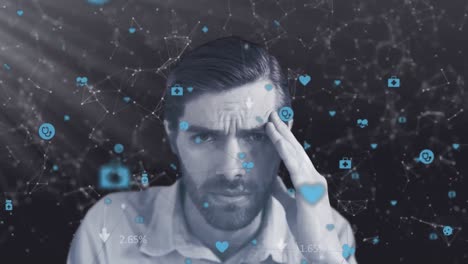 red de iconos de conexión contra el hombre estresado en fondo negro