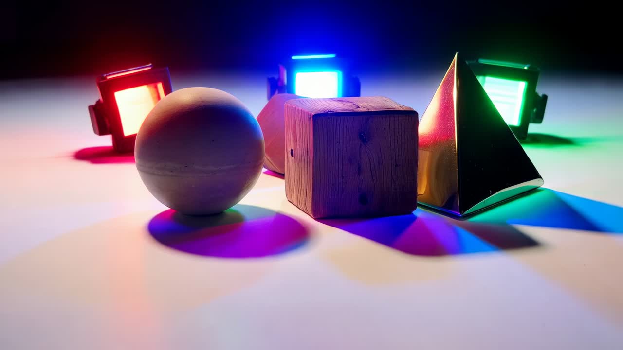 Bevæger kameraet til højre i studiet og afslører kugle, terning og pyramide, der viser tekstur med RGB-lys
