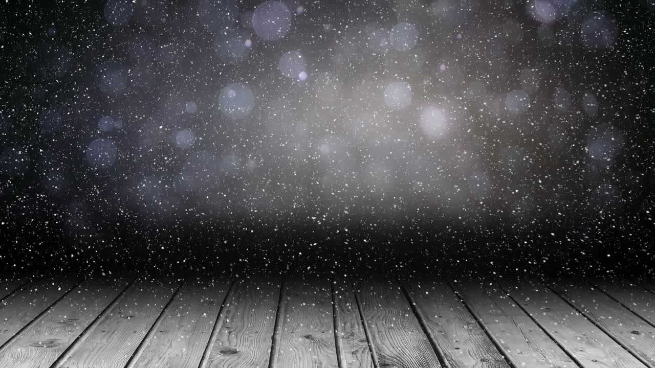 Animering av fallande snö över ljuspunkter och träpaneler