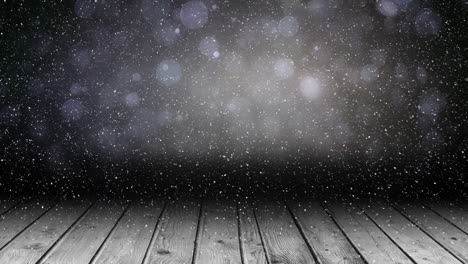 animation of snow falling over spots of light and wooden boards