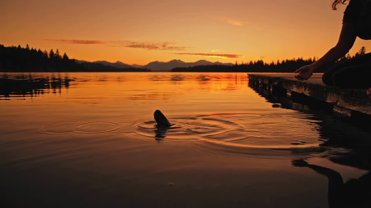 Femme tendant la main sur un quai au coucher du soleil portant un débardeur, chien faisant surface, nageant plus près pour la saluer, espace pour le texte