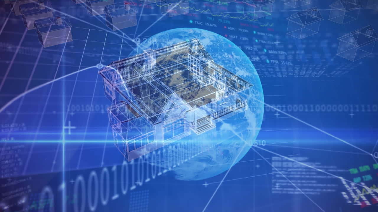 주택 모델의 애니메이션과 배경에 주식 시장 디스플레이에 대한 세계