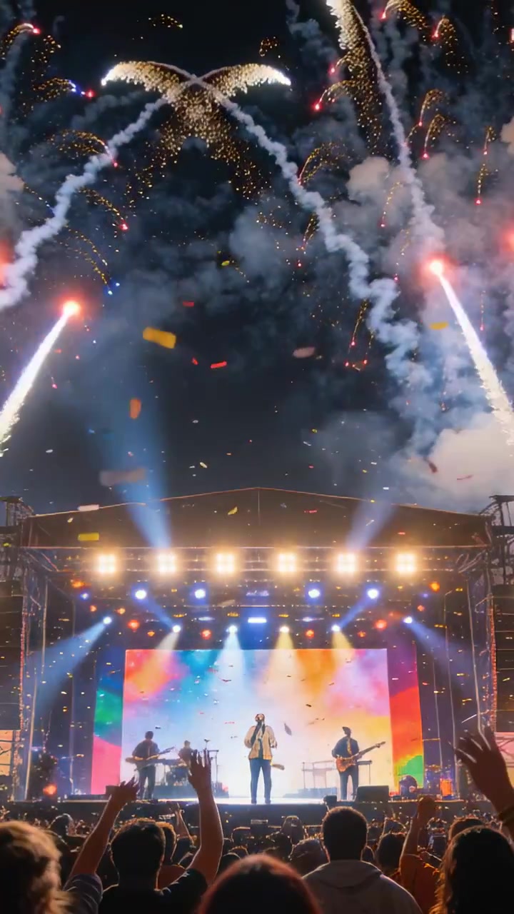 Video vertikal: Vokalis utama bernyanyi mengenakan jaket dengan mikrofon di konser malam, memberi isyarat kembang api dan konfeti