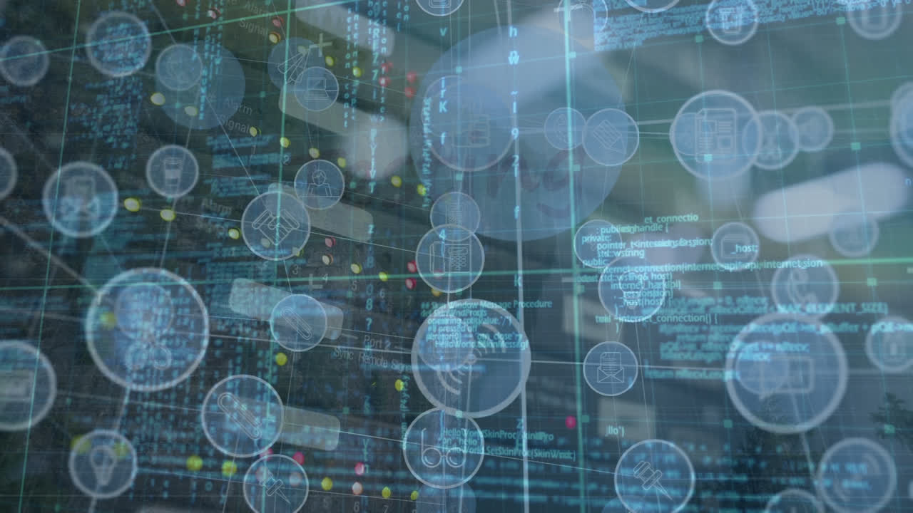 animación de la red de conexiones con iconos sobre un edificio de oficinas moderno