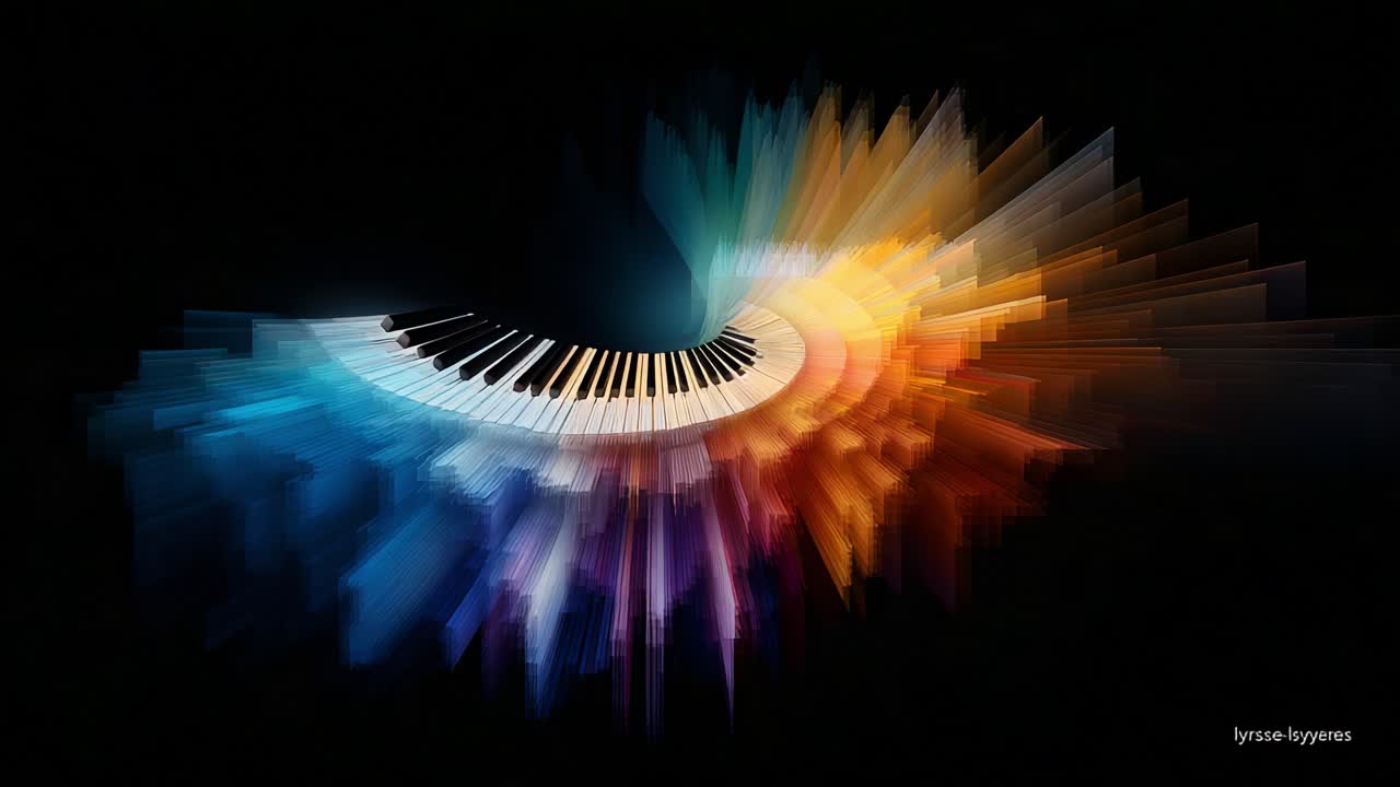A Dynamic Fusion of Sound and Color: An Artistic Representation of a Piano Keyboard Emanating Vibrant Waves of Light in an Abstract Style