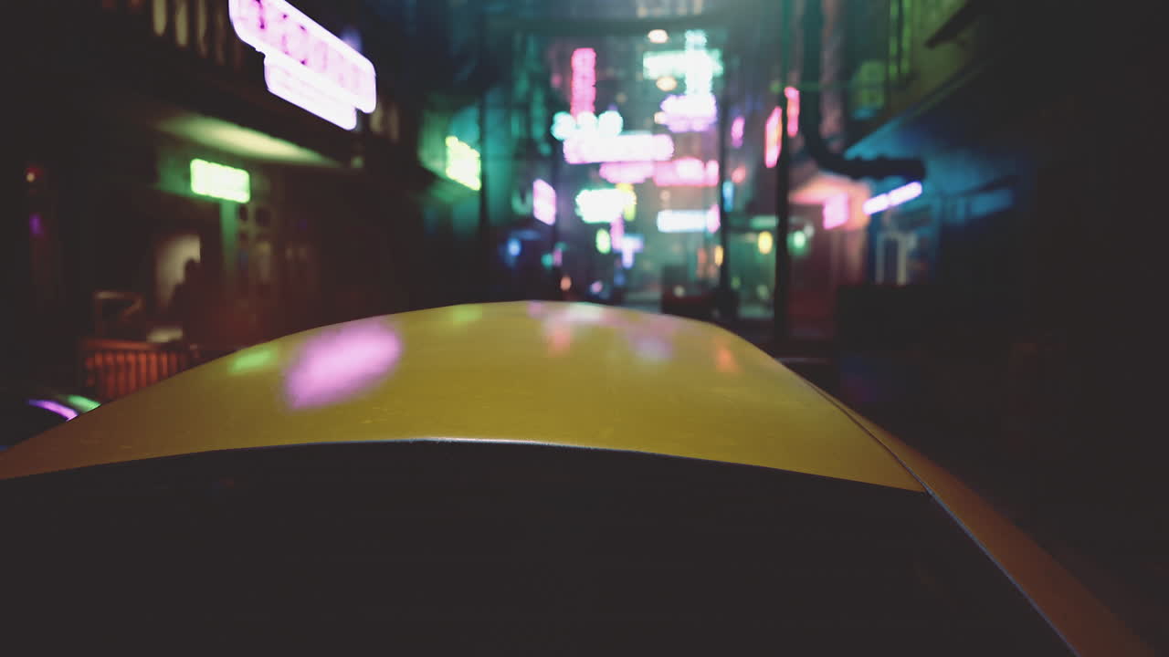 Taxi driving through neon lit city street at night with vibrant signs