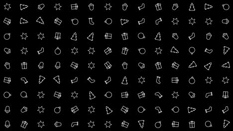 christmas, new year icons animation loop. seamless pattern background. small, graphically drawn icons with christmas, new year theme rotate slowly on black backdrop