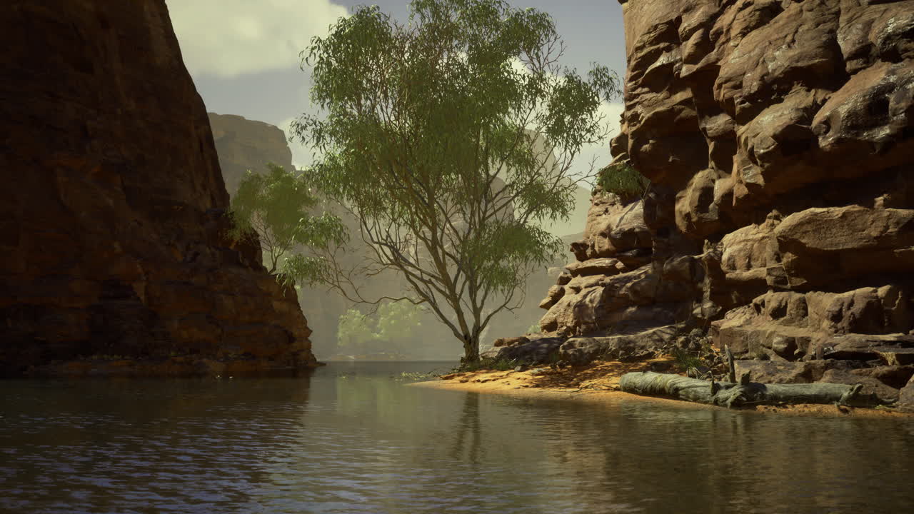 Serene river landscape in canyon with prominent tree and rocky formations
